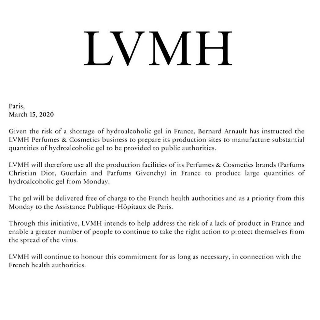 LVMH Perfumes & Cosmetics to produce free disinfectant for French hospitals